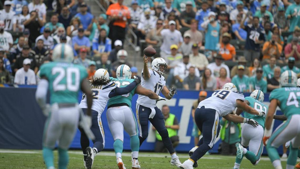 Miami Dolphins defensive tackle Ndamukong Suh, here picking up one of his hurries of Los Angeles Chargers quarterback Phillip Rivers, had an outstanding debut to the 2017 regular-season.