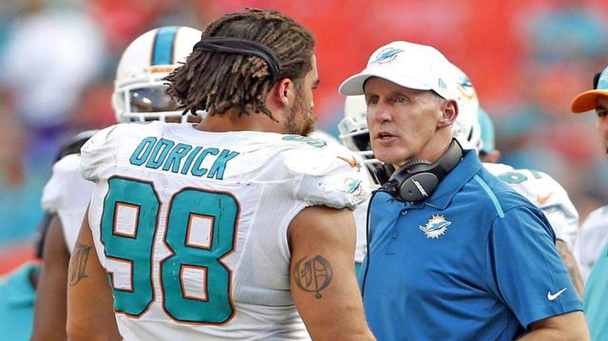 
Heated exchange: Dolphins defensive tackle Jared Odrick and coach Joe Philbin got into several arguments during Sunday’s game.
