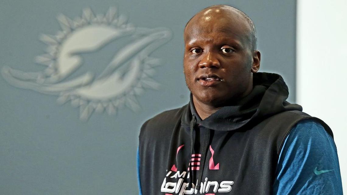 Miami Dolphins' Ja'Wuan James, speaks to the media at the Dolphins Training Facility in Davie on Wed., June 7, 2017.