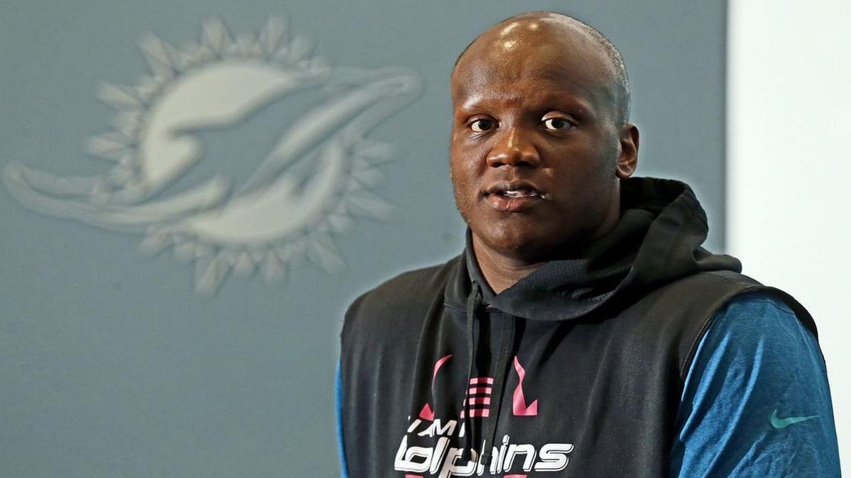 Miami Dolphins' Ja'Wuan James, speaks to the media at the Dolphins Training Facility in Davie on Wed., June 7, 2017.
