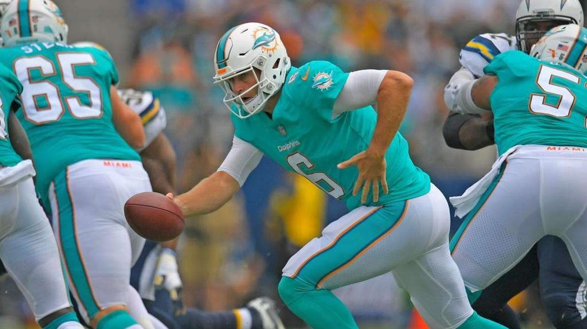 Dolphins quarterback Jay Cutler hands off during the second half of an NFL football game against the Los Angeles Chargers.