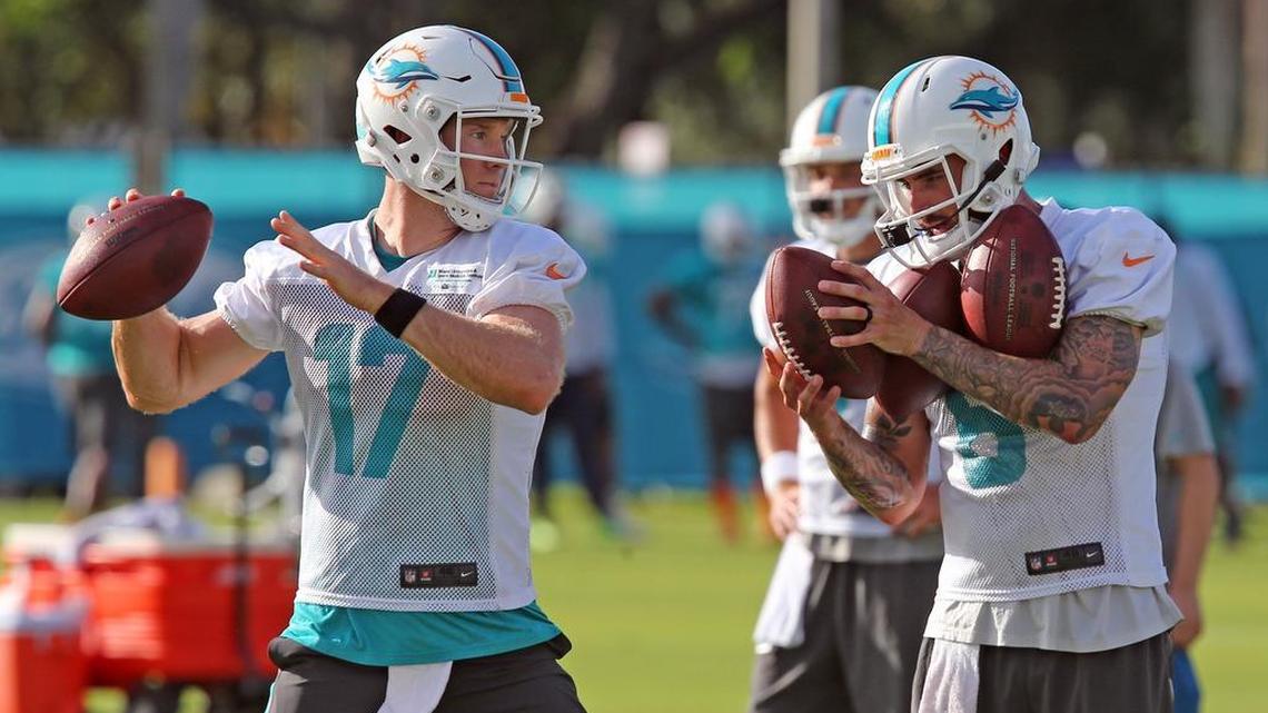 Miami Dolphins QB Ryan Tannehill, seen during training camp last August just before suffering a season-ending knee injury. His comeback returns to the practice field this week.