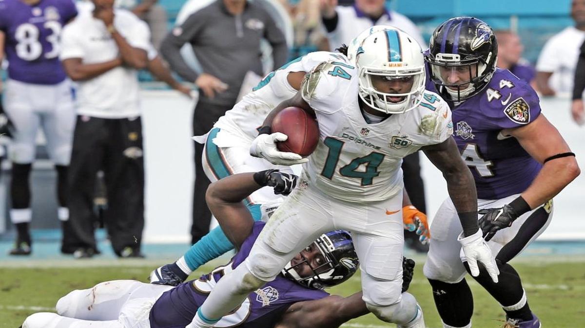 Miami Dolphins wide receiver Jarvis Landry (14) carries in the third quarter as the Miami Dolphins host the Baltimore Ravens at Sun Life Stadium on Sunday, December 6, 2015.