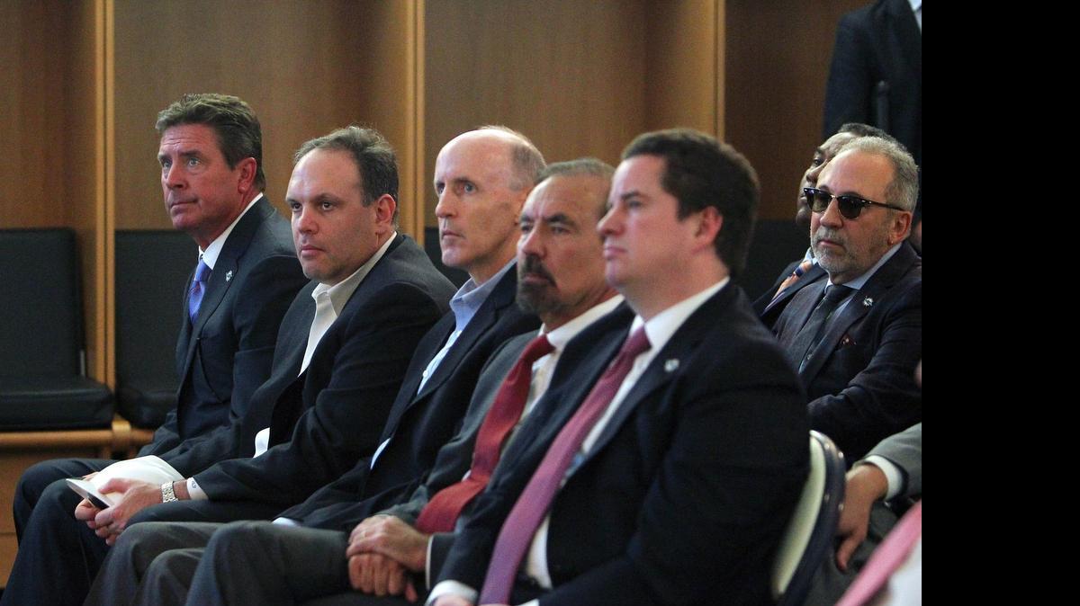
From left, Special adviser to Dolphins, Dan Marino, Dolphins front office consultant Mike Tannenbaum, Dolphins coach Joe Philbin, Dolphins Vice-Chairman/Partner, Jorge Perez and Dolphins Vice-Chairman Emilio Estefan. 
