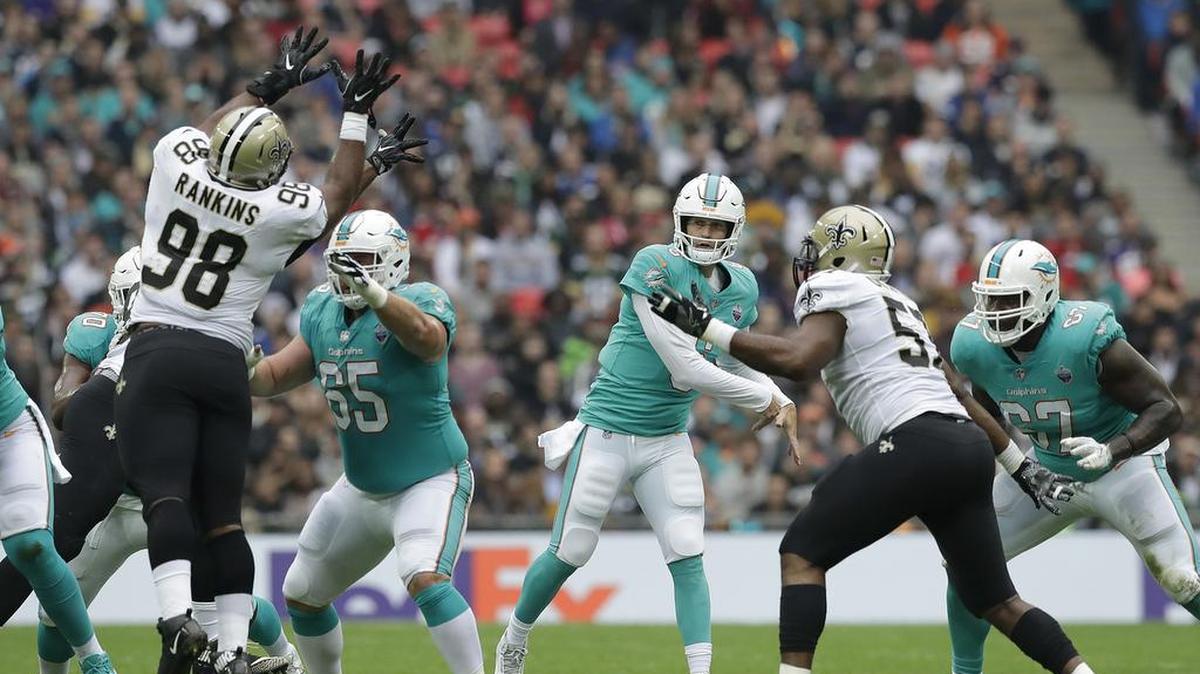 Miami Dolphins quarterback Jay Cutler throws during a 20-0 loss to New Orleans in London in 2018.