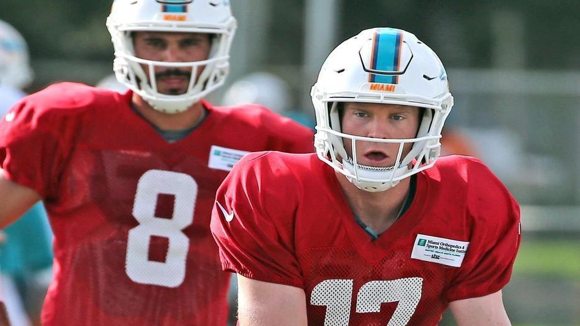 Miami Dolphins quarterbacks Matt Moore (8) with Ryan Tannehill (17) during training camp at the Miami Dolphins training facility in Davie, Fl, Aug. 3, 2017.