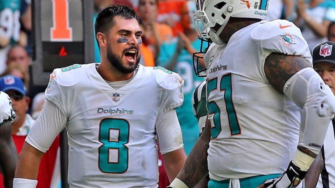 Quarterback Matt Moore, who will start for the Miami Dolphins Thursday against the Baltimore Ravens, yells in the endzone after a touchdown was called back in the fourth quarter against the New York Jets.