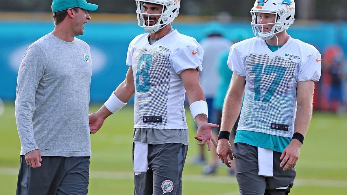 Miami Dolphins coach Adam Gase talks with quarterbacks Matt Moore and Ryan Tannehill. The quarterbacks could probably recognize him at an airport.