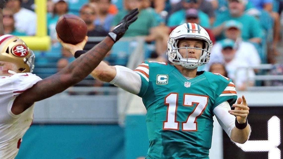 Miami Dolphins quarterback Ryan Tannehill in the third quarter as they play the San Francisco 49ers at Hard Rock Stadium in Miami Gardens, Florida on Tues., Nov. 27, 2016.