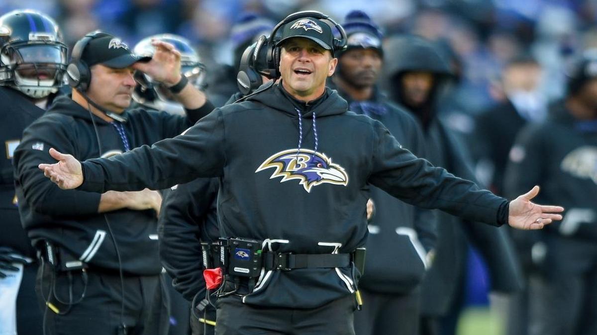 Baltimore Ravens head coach John Harbaugh reacts to a call on the field during the second half of an NFL football game against the Cincinnati Bengals in Baltimore, Sun., Nov. 27, 2016.