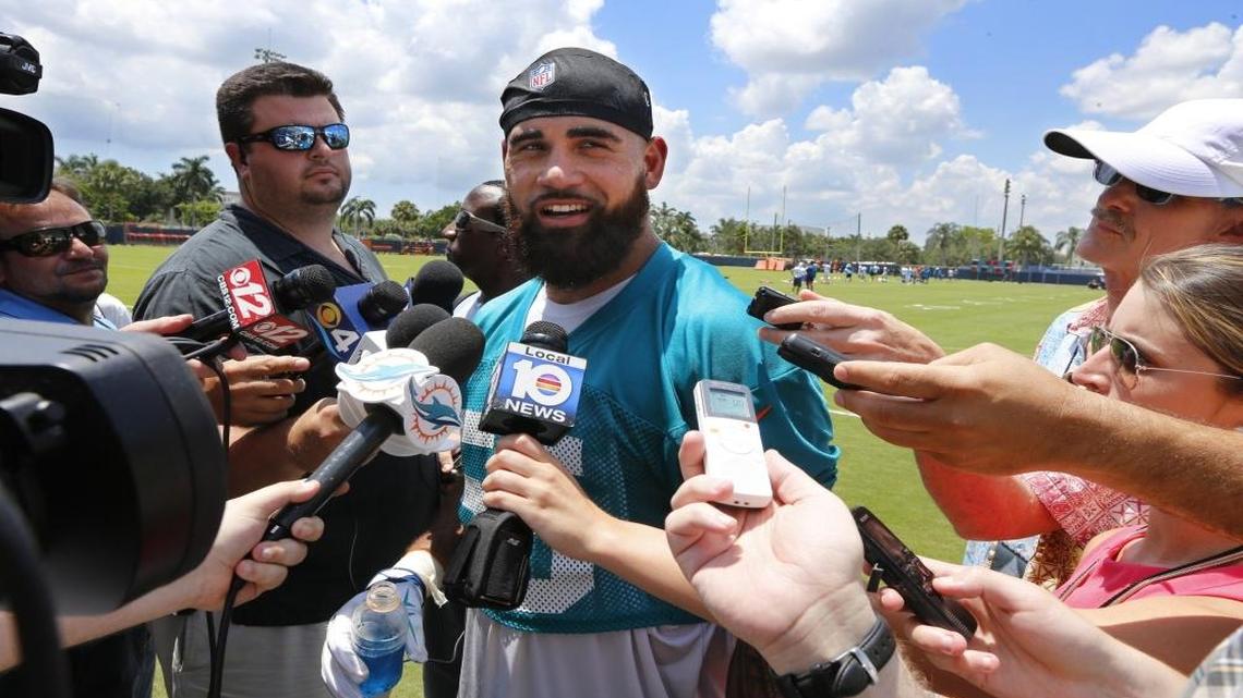 Miami Dolphins outside linebacker Koa Misi (55) speaks to the media after Dolphins mini-camp at Doctors Hospital Training Facility at Nova Southeastern University on Tues., June 14, 2016.