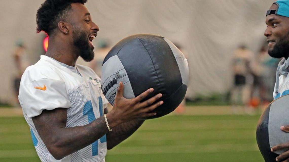 Miami Dolphins Jarvis Landry during warm ups at the Miami Dolphins training facility in Davie, FL, August 15, 2017.