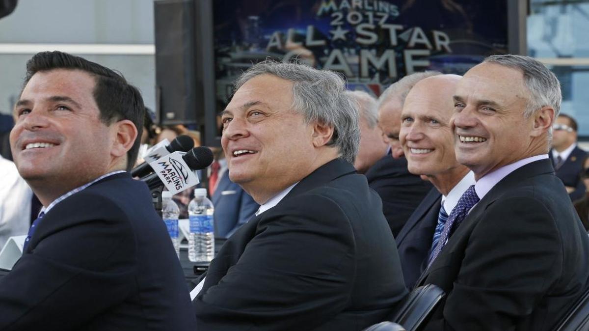 Marlins President David Samson, Owner Jeffrey Loria, Florida Governor Rick Scott and Major League Baseball Commissioner Rob Manfred on Fri., Feb. 13, 2015 The Marlins officially announce that they will host the 2017 MLB All-Star Game at Marlins Park.
