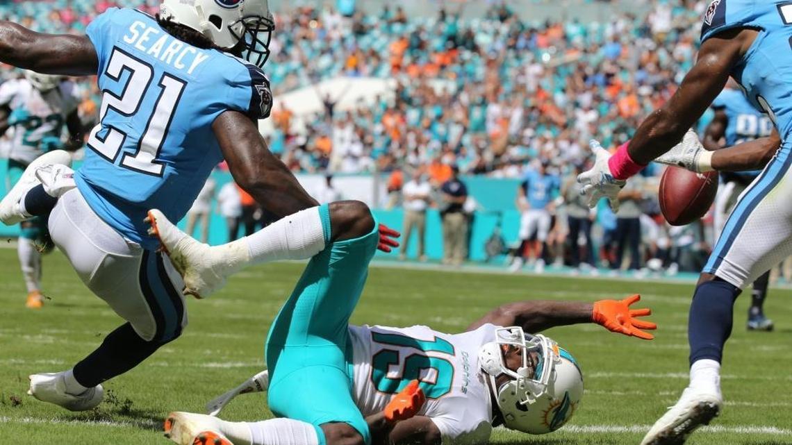 Miami Dolphins Jakeem Grant (19) drops a pass in the end zone in the first quarter as they play the Tennessee Titans at Hard Rock Stadium in Miami Gardens, Florida, October 8, 2017.