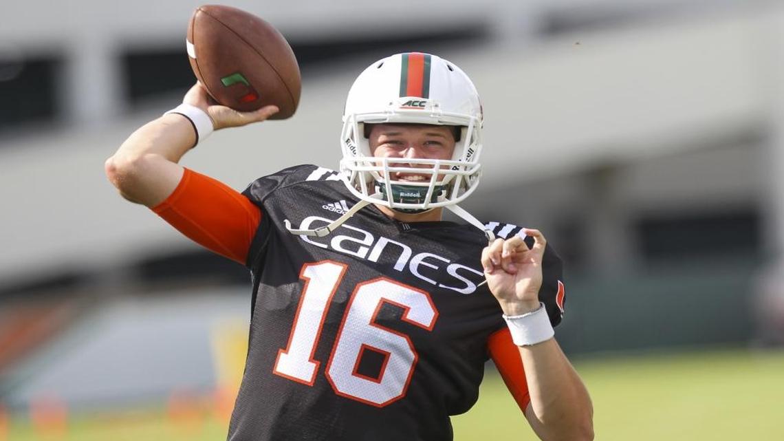 Evan Shirreffs (16) makes a routine pass during a University of Miami football practice held at the Greentree Practice Field in Coral Gables on Tues., Aug. 16, 2016.