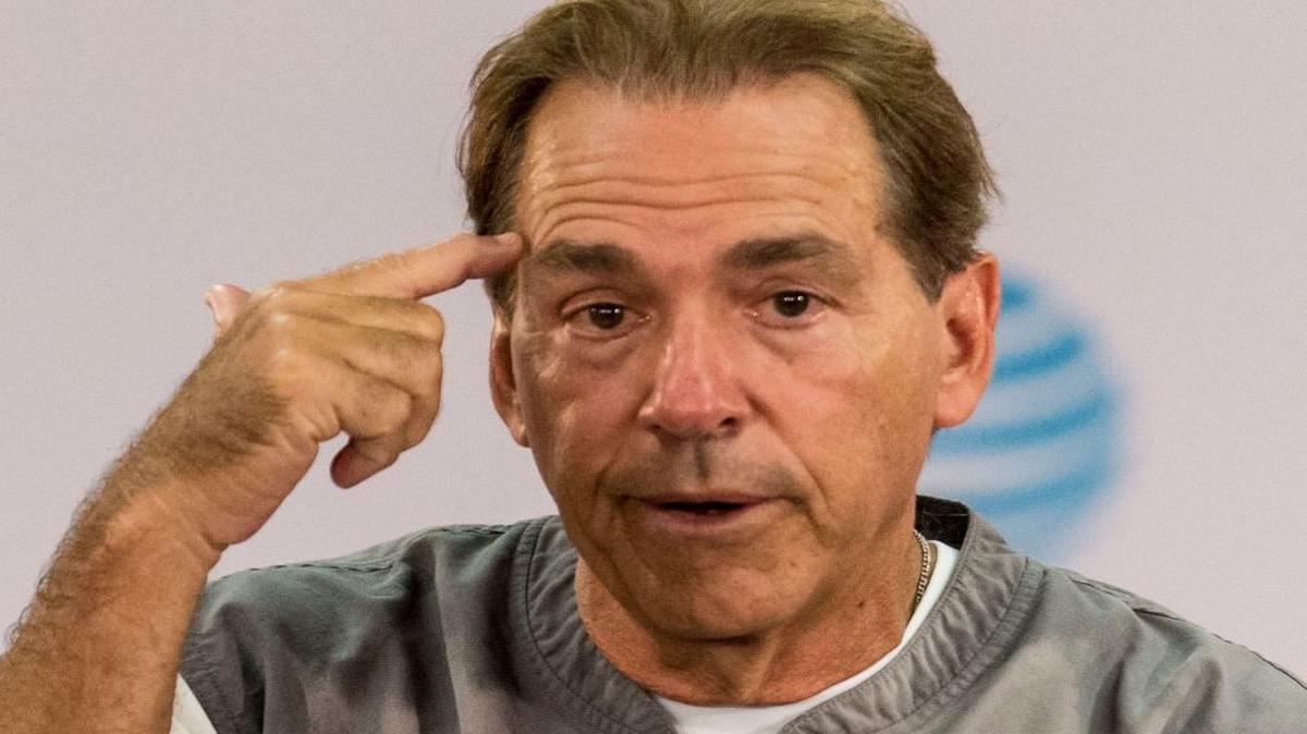 Alabama football coach Nick Saban talks with the media Wed., Aug. 16, 2017, in Tuscaloosa, Ala.