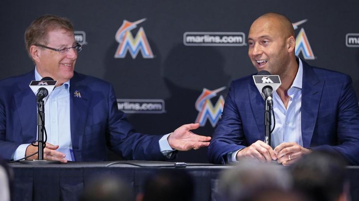 Marlins owners Bruce Sherman and Derek Jeter, left to right, hold their first press conference as Marlins owners on Tuesday, October 3, 2017.