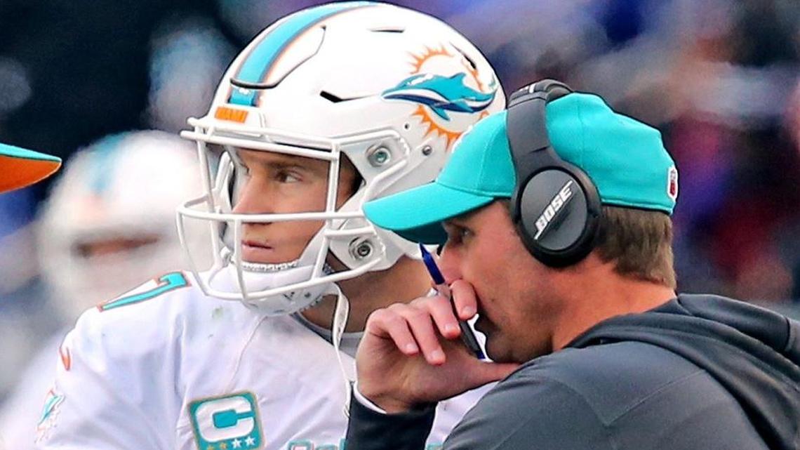 Miami Dolphins quarterback Ryan Tannehill and coach Adam Gase in the fourth quarter as they play the Baltimore Ravens at M&T Bank Stadium in Baltimore on Dec. 4, 2016.
