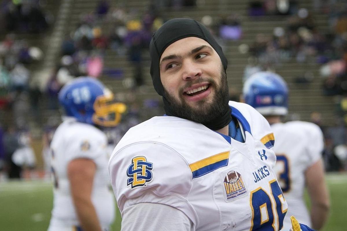 South Dakota State tight end Dallas Goedert during the 2nd half of an NCAA game against Western Illinois in October 2017, in Macomb, Ill.