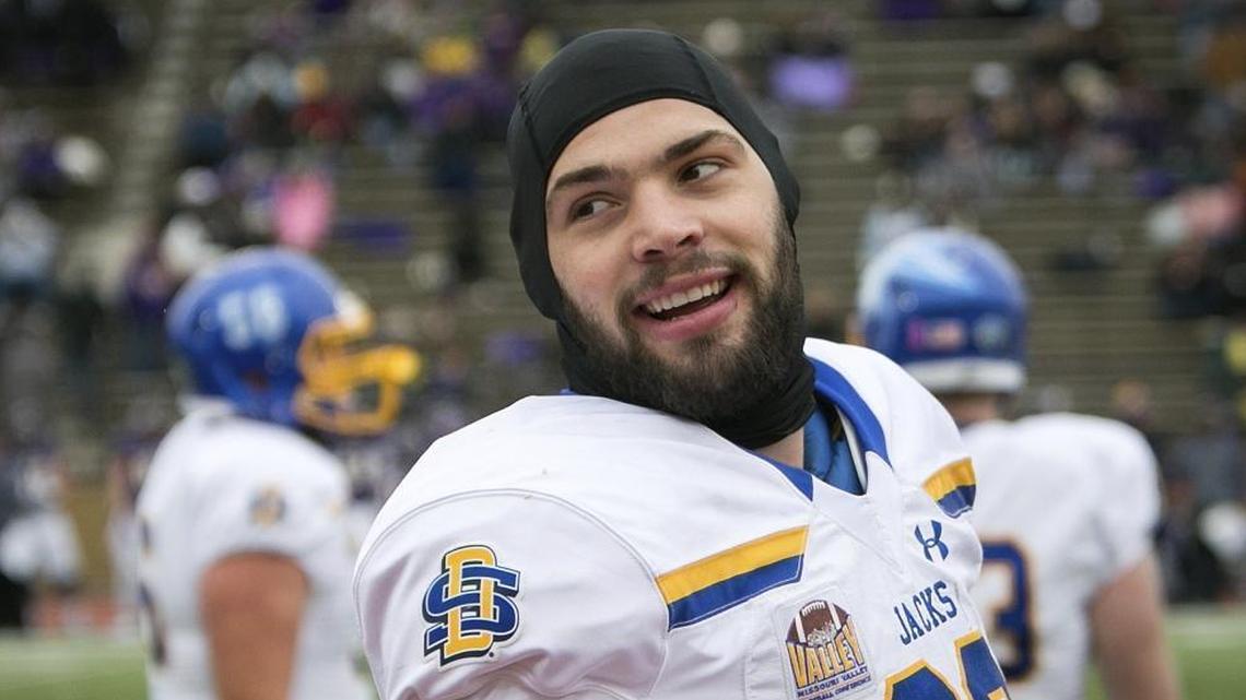 South Dakota State tight end Dallas Goedert during the 2nd half of an NCAA game against Western Illinois in October 2017, in Macomb, Ill.