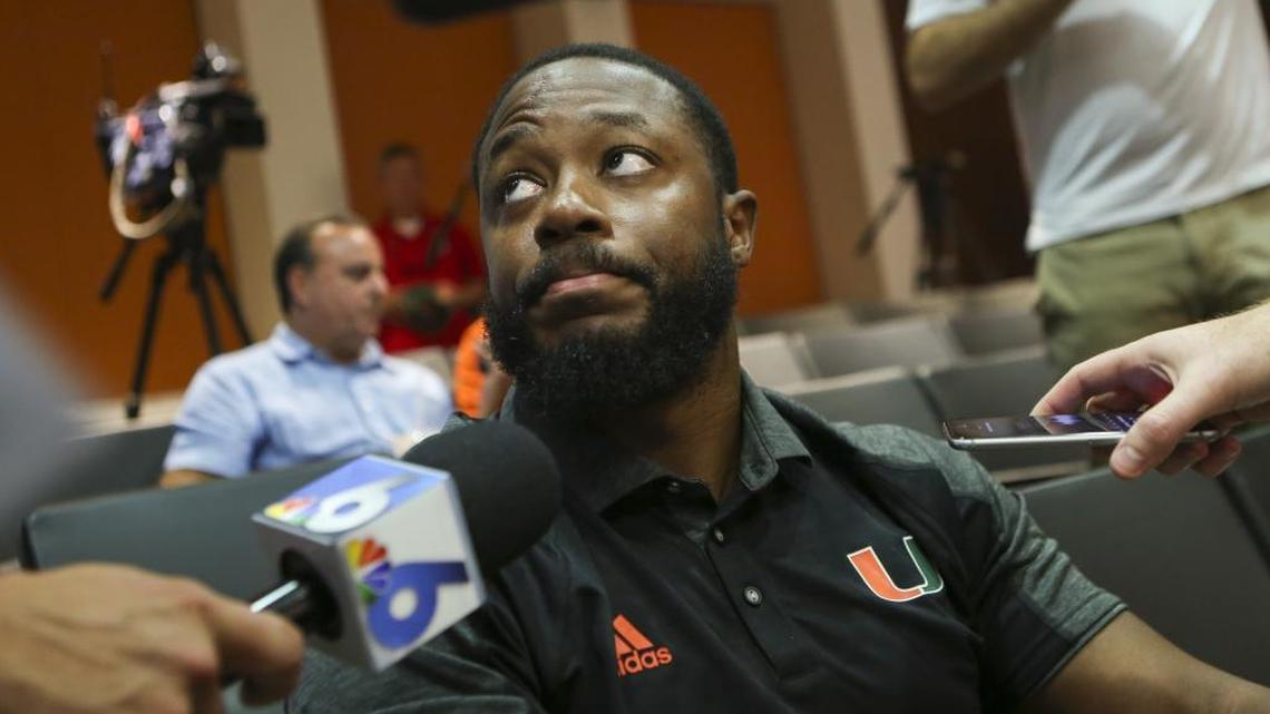 Miami Hurricane's coach Thomas Brown speaks to journalists about how his team did on National Signing Day at the University of Miami's Schwartz Center in Coral Gables on Feb. 1, 2017.