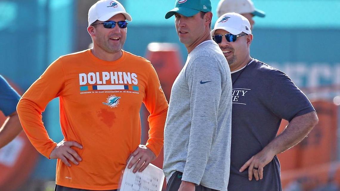 Miami Dolphins coach Adam Gase with special teams coach Darren Rizzi (left) and assistant speacial teams coach Marwan Maalouf, during practice at the Miami Dolphins training facility in Davie, Fl, August 4, 2017.