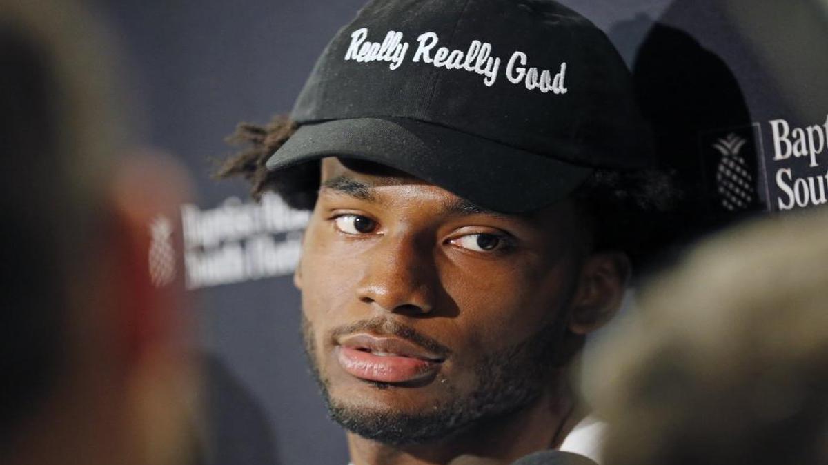 Miami Heat forward Justise Winslow (20) speaks to the media during Miami Heat's end-of-season wrap-up at the AmericanAirlines Arena on Tues., May 17, 2016.