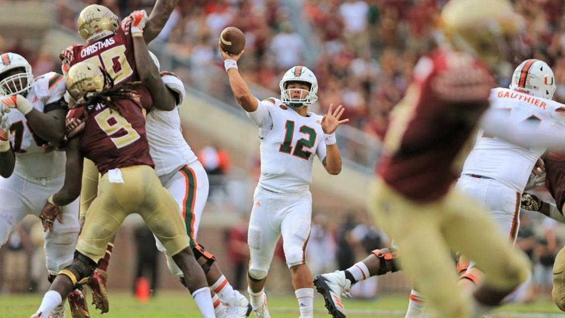 Miami Hurricanes quarterback Malik Rosier (12) looks to pass as the Seminoles host the Miami Hurricanes at Doak Campbell Stadium in Tallahassee on Sat., Oct. 7, 2017.