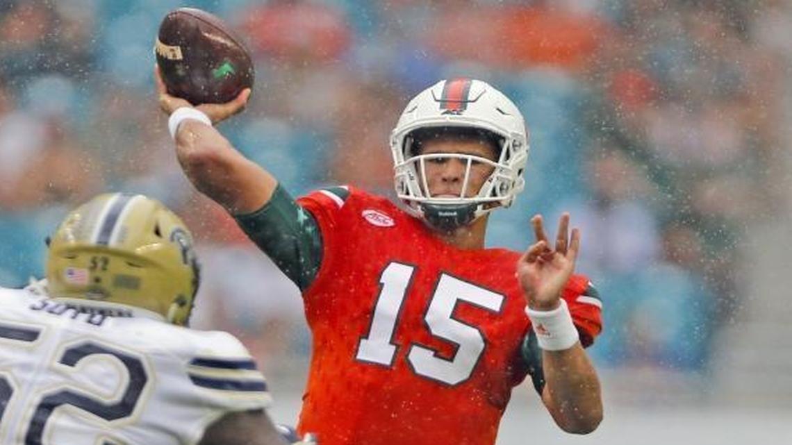 Miami Hurricanes quarterback Brad Kaaya (15) drops back to pass in the first quarter as the University of Miami hosts Pittsburgh at Hard Rock Stadium on Sat., Nov. 5, 2016.