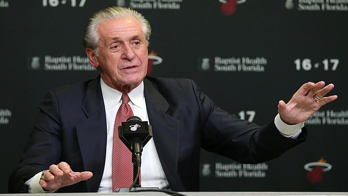 Miami Heat president Pat Riley shares some experiences about former Miami Heat player Shaquille O'Neal at a press conference before the Heat retires his No. 32 jersey during a special halftime ceremony of the Miami Heat vs Los Angeles Lakers game at AmericanAirlines Arena in Miami on Thurs., Dec. 22, 2016.