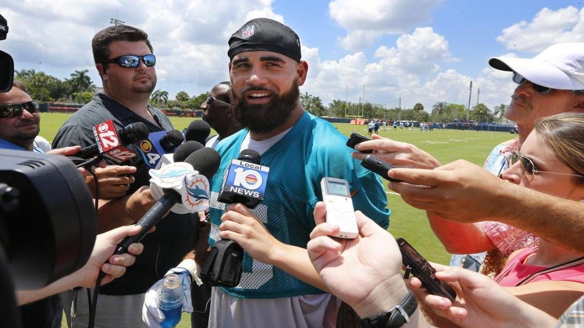 Miami Dolphins outside linebacker Koa Misi (55) speaks to the media after Dolphins mini-camp at Doctors Hospital Training Facility at Nova Southeastern University on Tues., June 14, 2016
