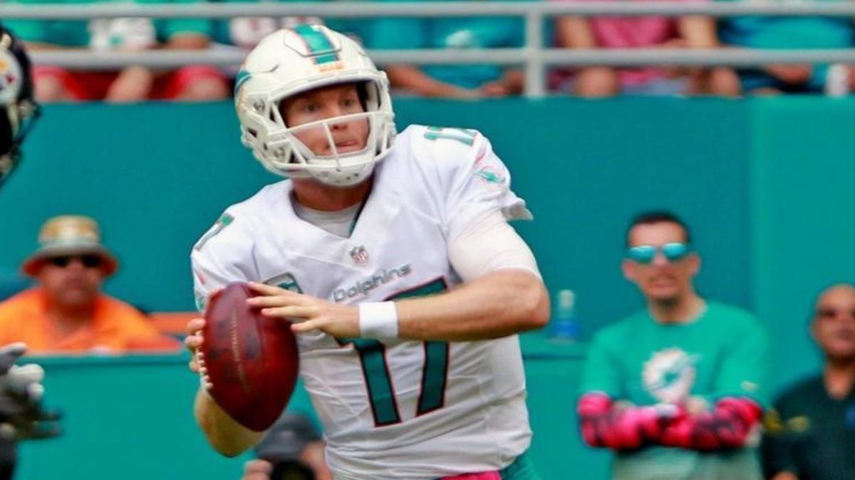 Miami Dolphins quarterback Ryan Tannehill throws a long pass to connect with TE MarQueis Gray at the end of the second quarter as they play the Pittsburgh Steelers at Hard Rock Stadium in Miami Gardens, Florida on Sun., Oct. 16, 2016.