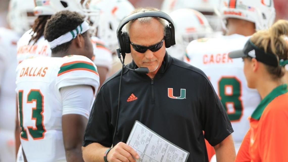 Miami Hurricanes head coach Mark Richt in the first half as the Seminoles host the Miami Hurricanes at Doak Campbell Stadium in Tallahassee on Saturday, October 7, 2017.