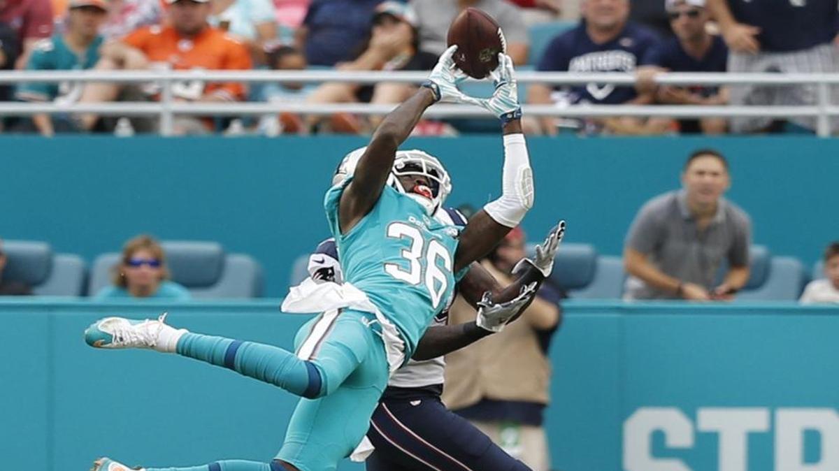 Miami Dolphins defensive back Tony Lippett blocks a pass intended for New England Patriots wide receiver Brandon LaFell during a Jan. 3, 2016, game at Sun Life Stadium.