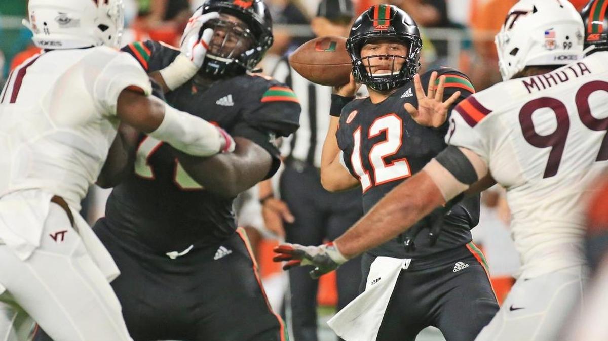 Miami Hurricanes quarterback Malik Rosier (12) sets up to pass in the second quarter as the University of Miami hosts Virginia Tech Hokies at Hard Rock Stadium on Saturday, November 4, 2017.