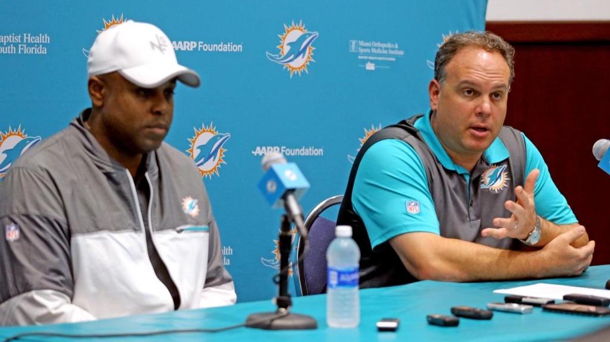 Miami Dolphins GM Chris Greer and VP Mike Tannenbaum talk to the media about the upcoming season and the NFL draft at the Miami Dolphins training facility in Miami, Florida, April 19, 2017.