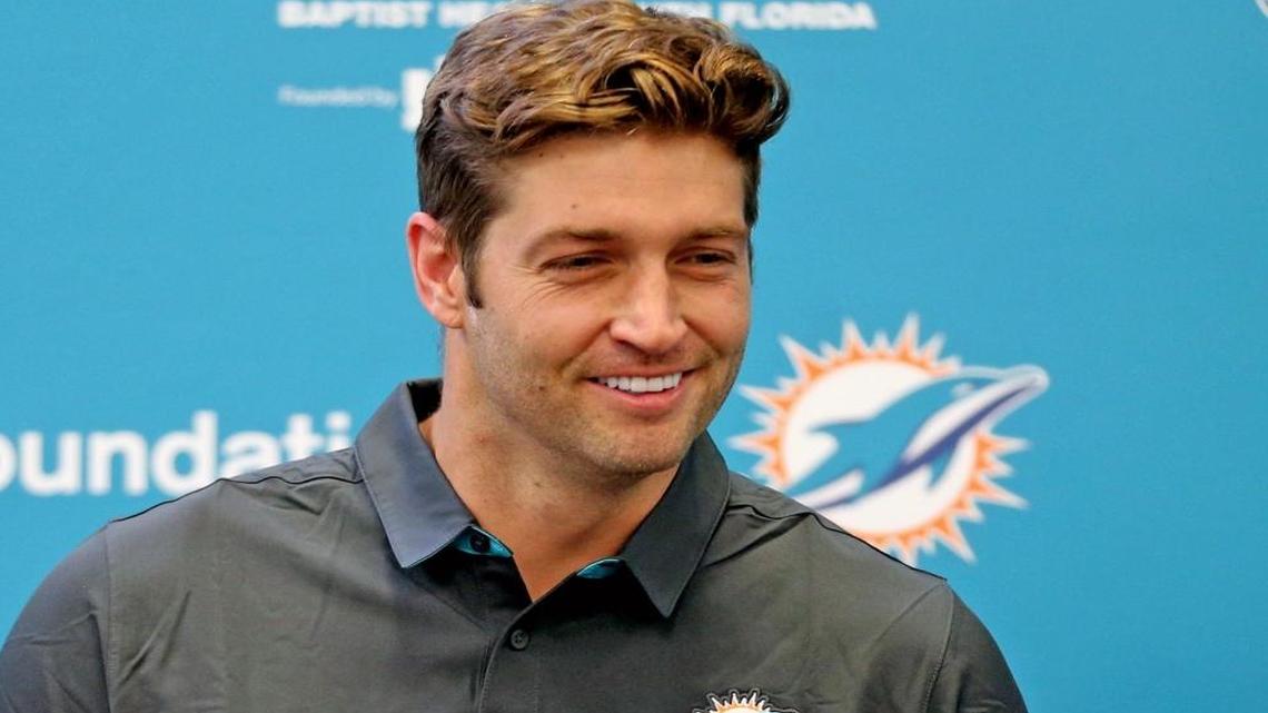 Quarterback Jay Cutler talks to the media at the Miami Dolphins training facility in Davie, FL, Aug. 7, 2017. Cutler is at the Miami Dolphins training facility in talks with the team about a quarterback position.