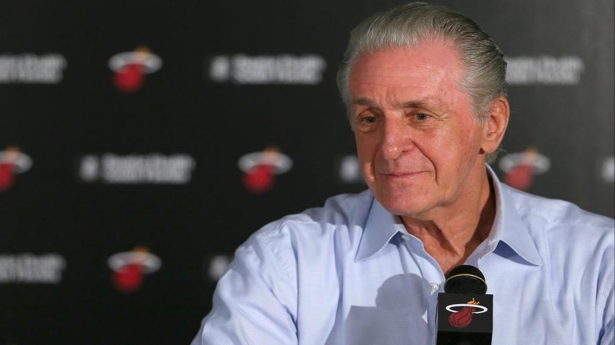 Miami Heat President Pat Riley talks to the media at the AmericanAirlines Arena on Sat., July 16, 2016, in Miami.