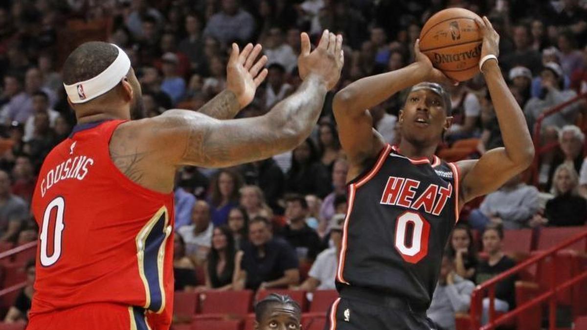 Miami Heat forward Josh Richardson (0) shoots a three-pointer against New Orleans in December 2017. The Heat’s clutch three-point shooting has been the best in the league.