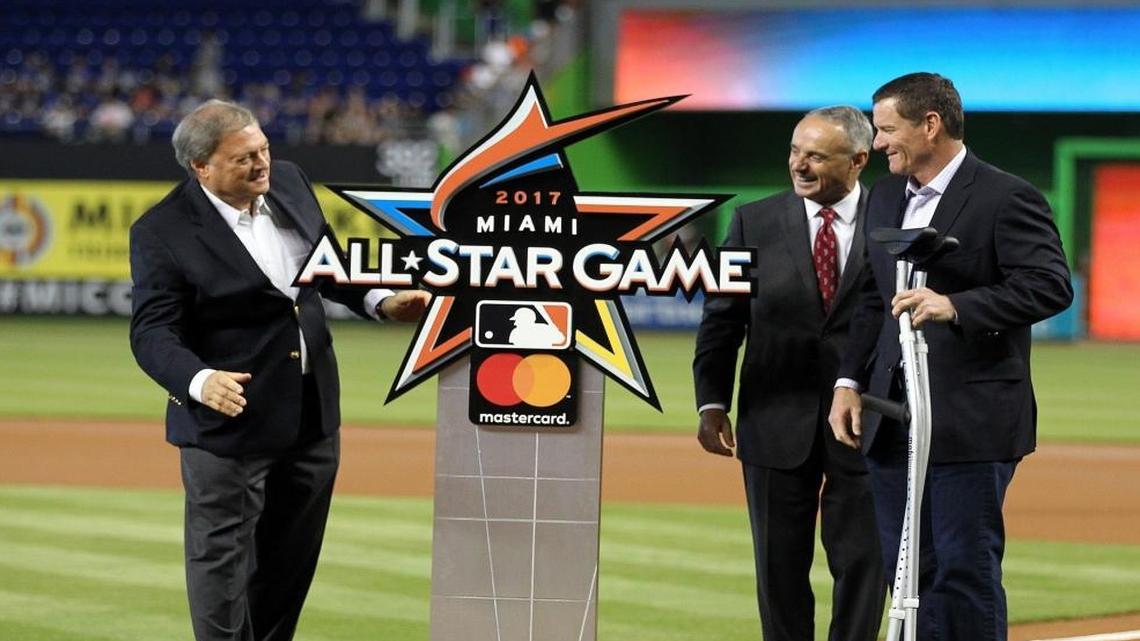 Miami Marlins' owner Jeffrey Loria (from left) Rob Manfred, Commissioner of Baseball and Jeff Conine, two time NL all Star and 1995 All-Star game MVP, unveiled the official logo of the 2017 All-Star game, taking place July 11, 2017 at Marlins Park. The ceremony took place before the Miami Marlins vs Philadelphia Phillies, game at Marlins Park in Little Havana in Miami on Wed., July 27, 2016.