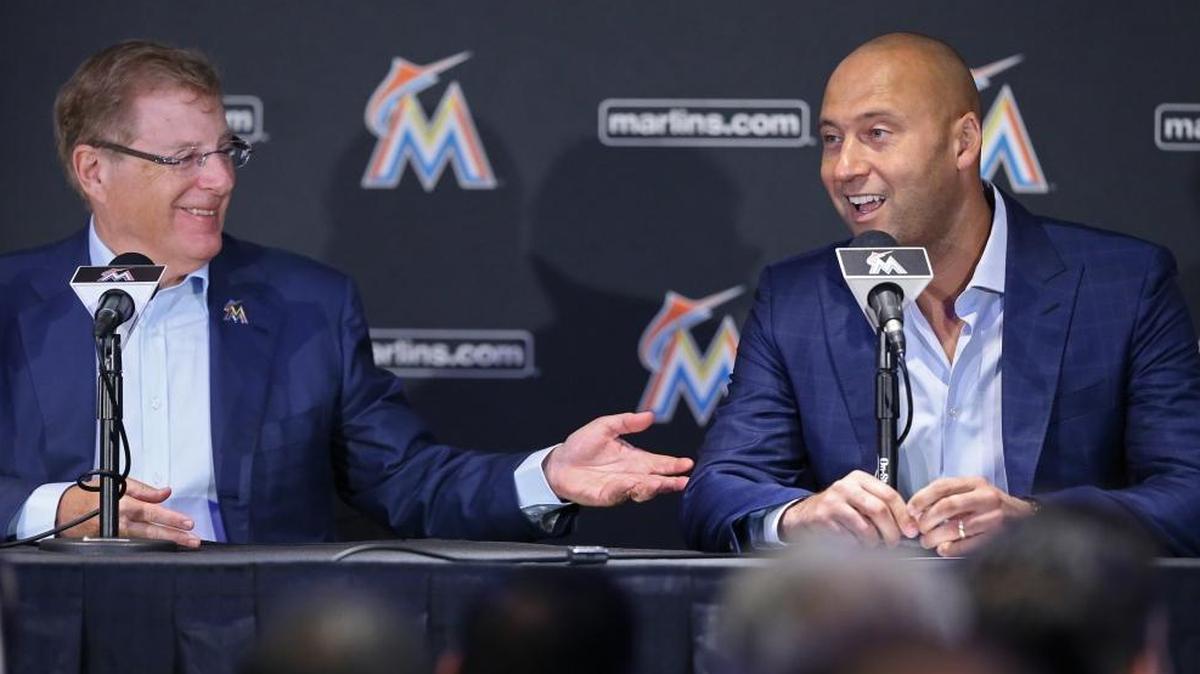 Marlins owners Bruce Sherman and Derek Jeter meet with the media on Oct. 3 after buying the team.