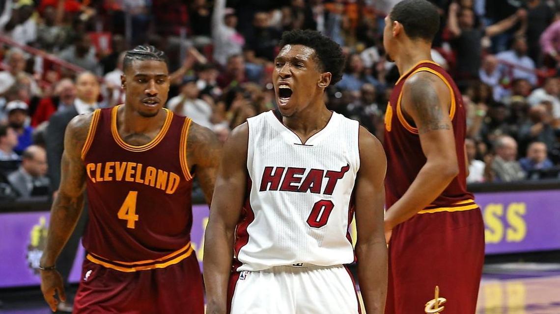 Heat's #0 Josh Richardson celebrates a made shot as the Miami Heat hosts the Cleveland Cavaliers on Mon., April 10, 2017.