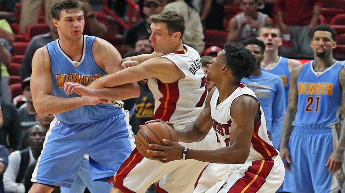Miami Heat Josh Richardson looks for the basket in the final seconds of the game as they play the Denver Nuggets at the AmericanAirlines Arena, Miami, Florida, April 2, 2017.