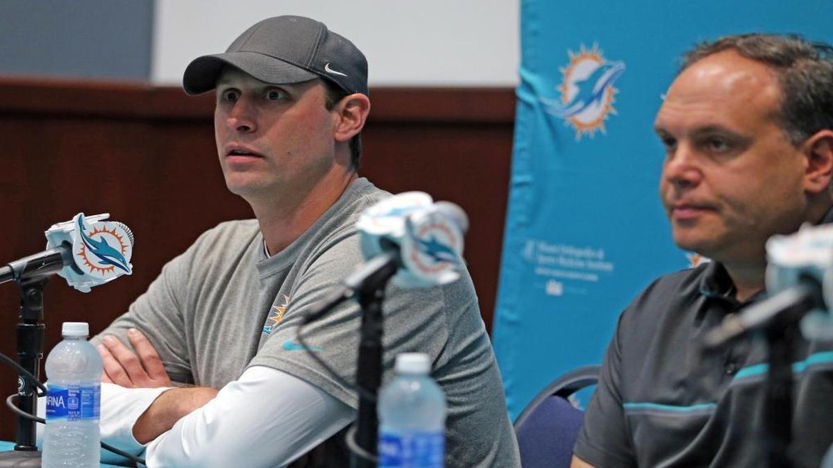 Miami Dolphins coach Adam Gase talks to the media at a “season end” press conference at the Miami Dolphins training facility in Davie, Florida, Jan. 11, 2017. Mike Tannenbaum, vice president of football operations, and GM Chris Greer also attended the press conference.