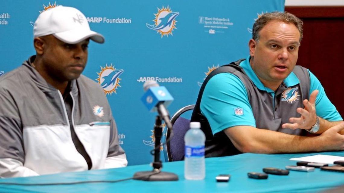 Miami Dolphins GM Chris Greer and VP Mike Tannenbaum talk to the media about the upcoming season and the NFL draft at the Miami Dolphins training facility in Miami, Florida, April 19, 2017.