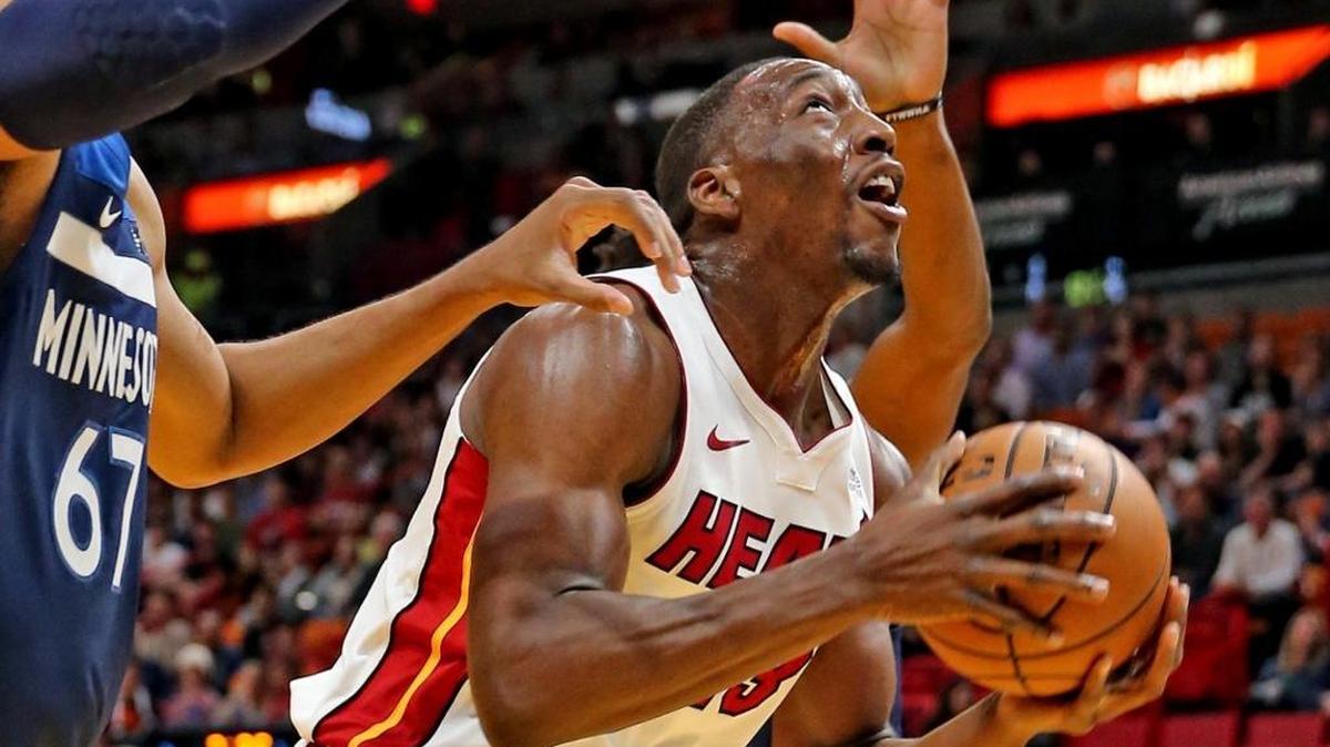 Miami Heat Bam Adebayo (13) looks to the basket as they play the Minnesota Timberwolves in the first quarter at the AmericanAirlines Arena in Miami, Florida, Oct. 30, 2017.
