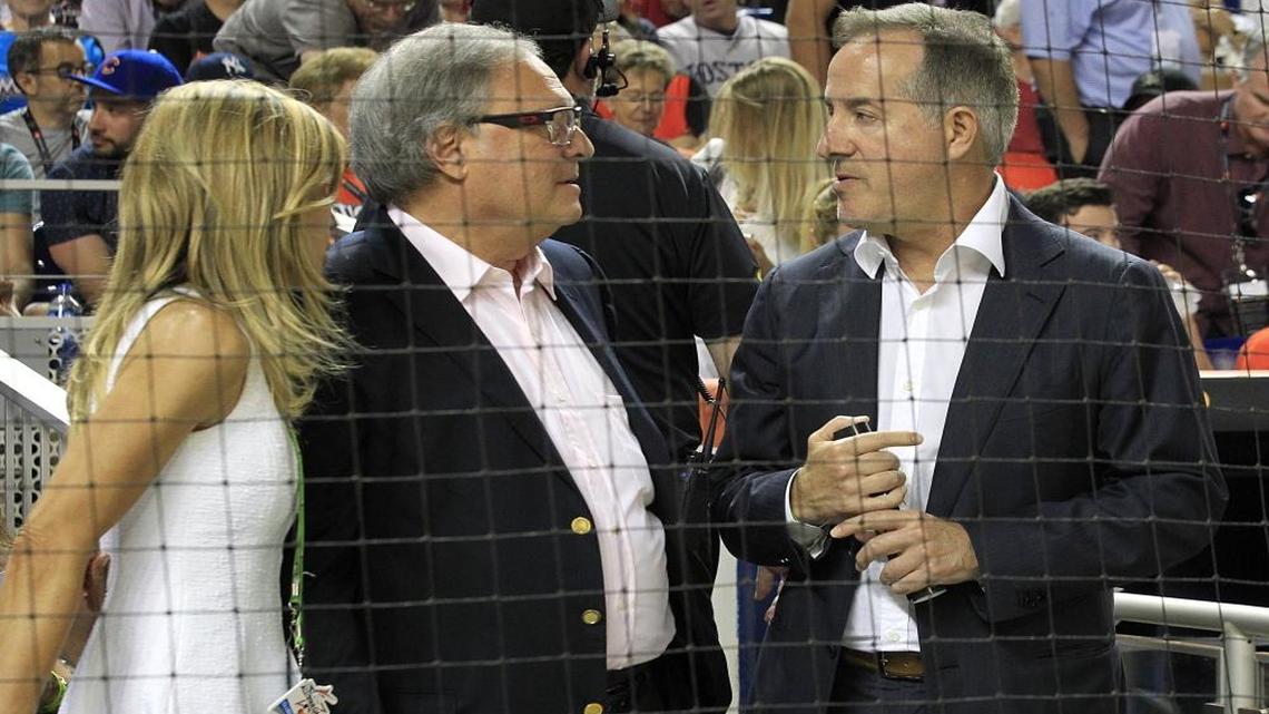 Miami Marlins owner Jeffrey Loria (center) and his wife July, chat with Cuban-American billionaire Jorge Mas, one of the bidders to buy the Miami Marlins during the MLB All-Star game between the National League and the American League on Tues., July 11, 2017, at Marlins Park in Miami.
