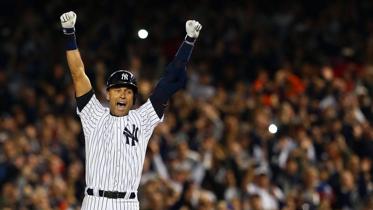 NEW YORK, NY - SEPTEMBER 25: Derek Jeter #2 of the New York Yankees celebrates after a game winning RBI hit in the ninth inning against the Baltimore Orioles in his last game ever at Yankee Stadium on September 25, 2014 in the Bronx borough of New York City. (Photo by Elsa/Getty Images)