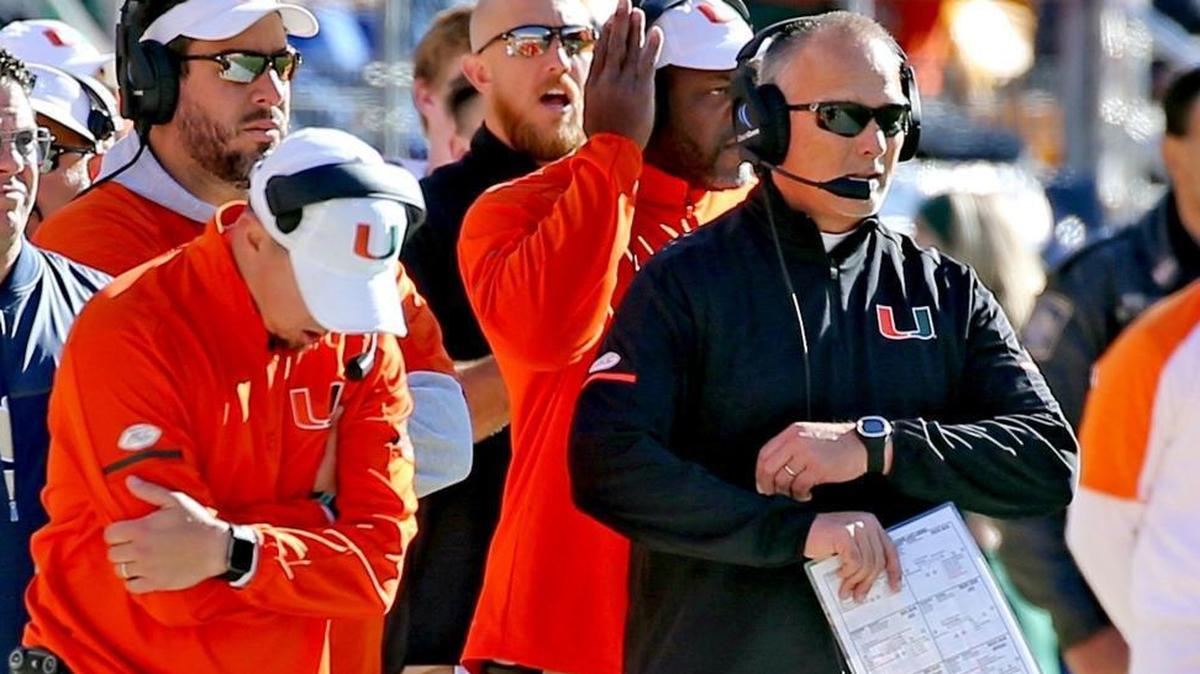 Miami Hurricanes coach Mark Richt watches as the Pitt Panthers defeat the Canes at Heinz Field in Pittsburgh, Pa, Nov. 24, 2017.