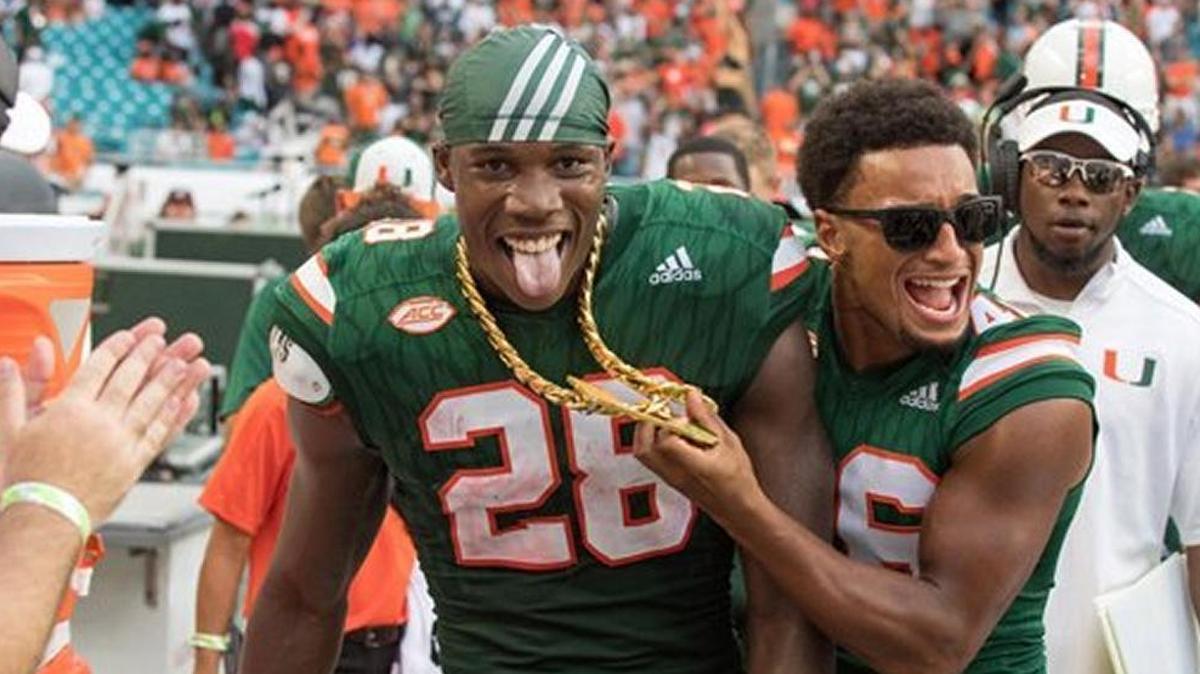 UM cornerback Michael Jackson wears the turnover chain.